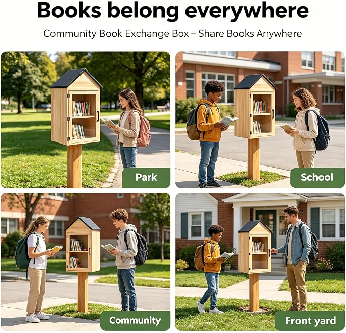 Little Outdoor Library Box, 2-Tier Waterproof Free Library Wooden Cabinet, 13"L x 11"W x 30"H Small Storage Box for DIY, Neighbourhoods, Communities and Kids to Share Books, Magazines, Artworks