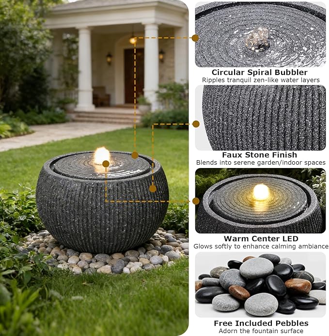 Water Fountain Outdoor Zen Garden Water Feature Outdoor Sphere Fountains for Patio, Deck, Yard, Porch, Home Decor,11.8" Lx11.8 Wx11 H