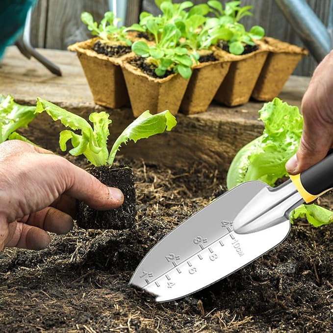 Garden Shovel Trowel Garden Tool with Measurement Mark, Aluminum Heavy Duty Gardening Tool with Ergonomic Handle, Rust Resistant Hand Shovel Spade for Planting Transplanting Weeding Digging