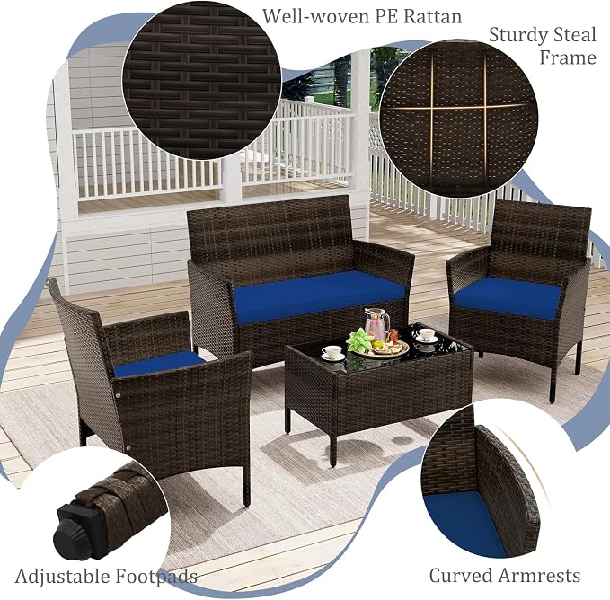 4 Piece Patio Furniture Set, Sectional Conversation Sofa Set with Glass Coffee Table, Cushions & Loveseat, Wicker Outdoor Table and Chairs for Pool, Garden, Deck, Backyard (2, Navy)
