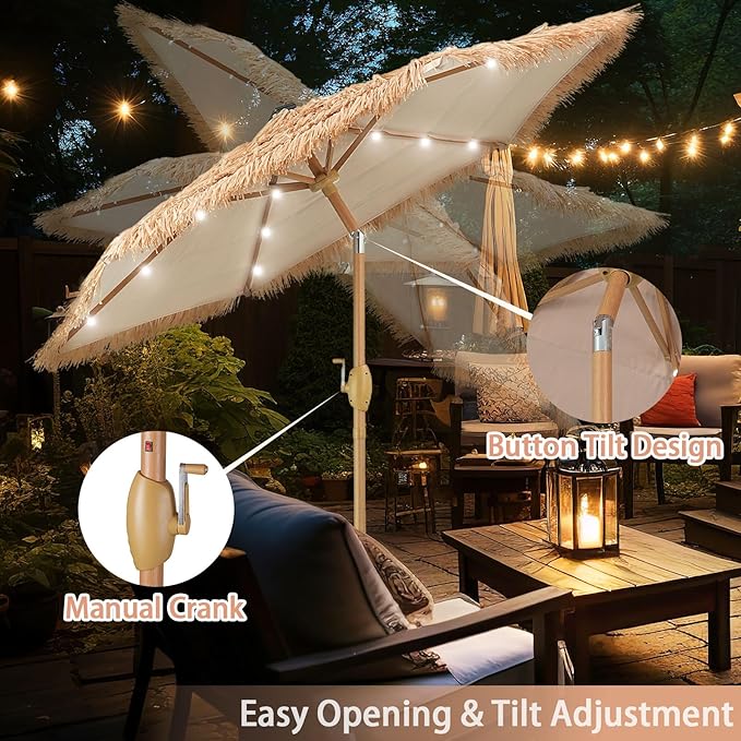 GDY 7.5ft Tiki Patio Umbrella and Matching Base, Outdoor Table Umbrella with 18 LED Lights, Market Umbrellas for Garden, Beach, Deck, Backyard & Pool