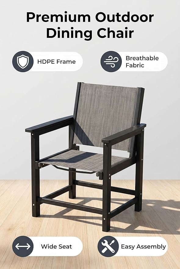 Amopatio Outdoor Chair HDPE Patio Dining Chair Set of 2 All Weather Patio Chairs with Textilene & Wide Seat for Backyard Balcony & Deck(Black)