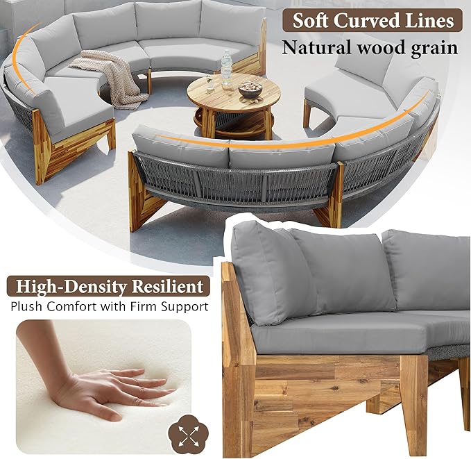 3-Piece Outdoor Patio Furniture Sectional Sofa Set, 2 Semi-Circle Sofas with Coffee Table, All-Weather Acacia Wood Conversation Set with Cushions for Garden Backyard Balcony, Freely Combined