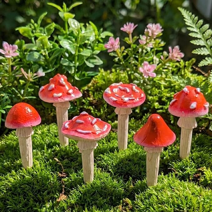 Fairy Garden Mushrooms for Outdoor Decor, 6Pcs Red Mini Mushroom Figurines | Resin Mushroom Miniatures for Fairy Garden Accessories, Plant Pot Decoration, Cute Terrarium, Yard and Lawn Decor
