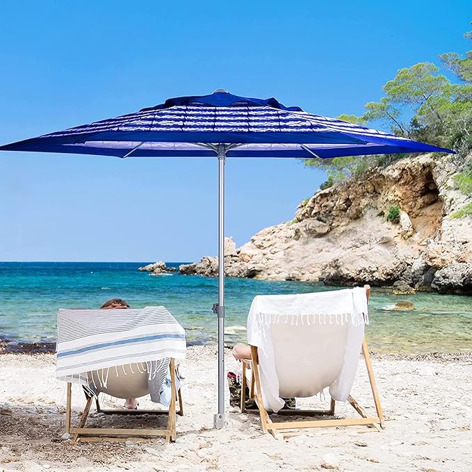 AMMSUN 8ft Large Beach Umbrellas for Sand Heavy Huty Wind Portable Commercial Grade Patio Beach Umbrella with Sand Anchor Adjustable Height Air Vent UPF 50+ Telescoping Pole without tilt Blue White