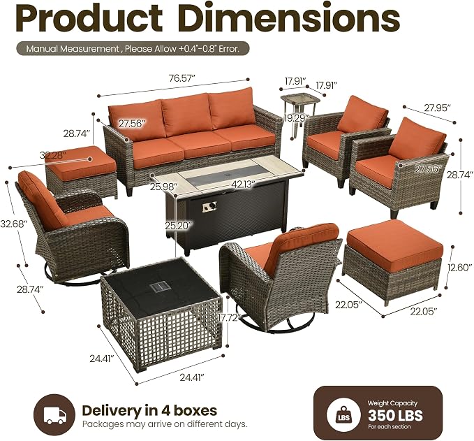 10 Piece Wicker Patio Furniture Set with Firepit, Orange | High Back Swivel Rocker Chairs, 54-inch Fire Pit, Outdoor Sofa Ottoman Solar Lights Table, Conversation Sets, Deck Backyard