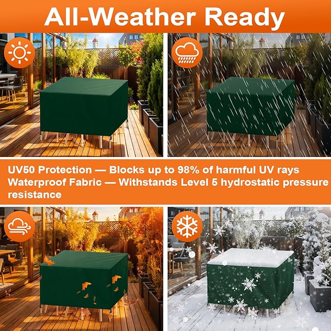 Patio Furniture Cover Rectangle 68"(L) x 48"(W) x 32"(H), Custom Heavy Duty 420D Waterproof Outdoor Cover with Drawstring & Buckles for Table Chair Garden, Green