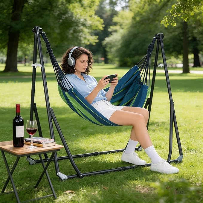 SogesPower 2 in 1 Hammock with Foldable Steel Stand & Carrying Bag,Portable Hammock Swinging Chair for Outdoor Patio Garden Camping Apartment,Blue& Green