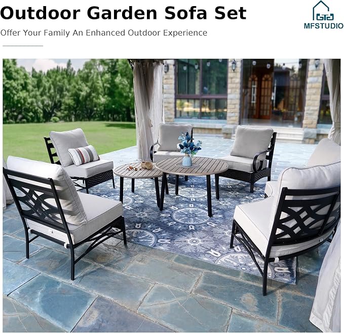 MFSTUDIO Patio Furniture Set, 8 Seats Half-Moon Curved Outdoor Sectional Sofa Conversation Set with 2 Wood-Like Round Table, Woven Rattan Patio Couch for Backyard, Garden, Deck