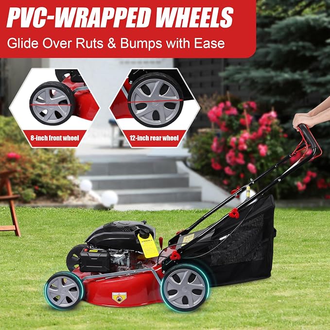 Self Propelled Gas Lawn Mower, 141cc 4-Stroke Push Lawn Mower, 20 Inches Walk-Behind Lawn Mowers, Cordless Lawn Mowers Manual Lawn Mowers with 50L Grass Tank ＆ Big Wheels for Home, Yard, Gard