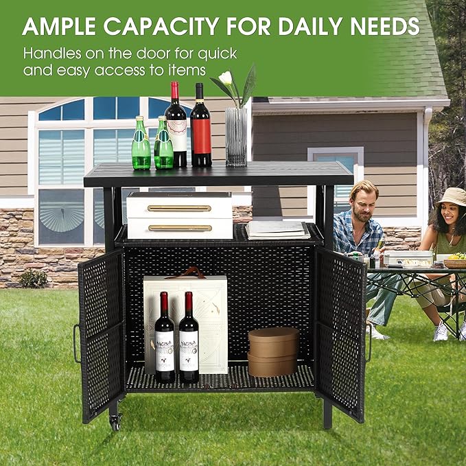 HOMEFUN Outdoor Bar Table Featuring Storage Cabinet: Wheeled Patio Serving Carts, Wicker Grill Cart Prep Station & Rolling Kitchen Island for Patio, Backyard and Outside Use, in Black