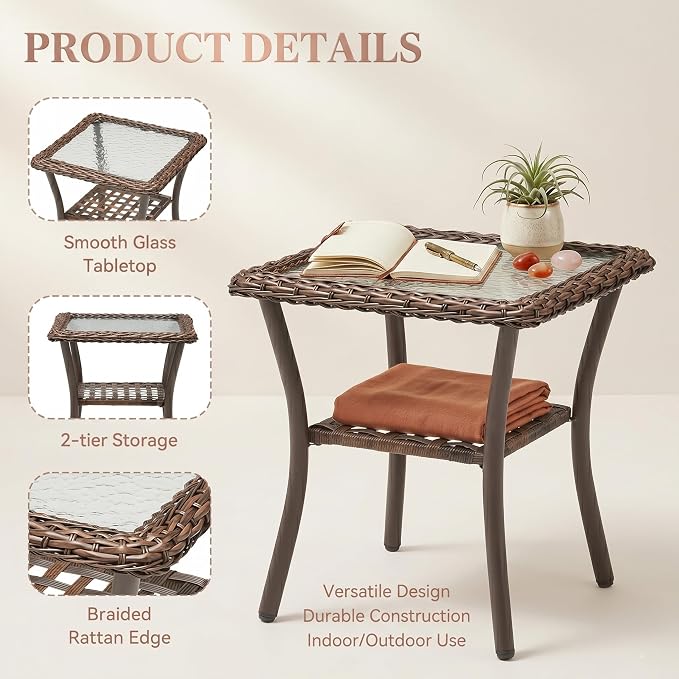 Square 20" Outdoor Wicker Side Table, 2-Tier Rattan Patio End Table with Tempered Glass Top, All Weather Brown Coffee Table for Deck Balcony Porch