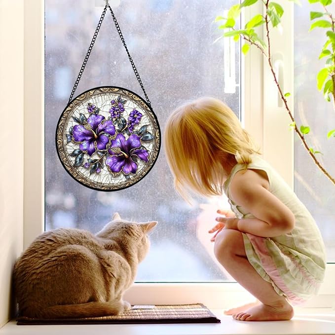 DASTOLL Stained Glass Window Hanging, Purple Flowers Romantic Suncatcher for Doors Home Sun Catchers Decoration and Christmas, Mother's Day Birthday Gifts for Women, Men, and Mom 6.3 in