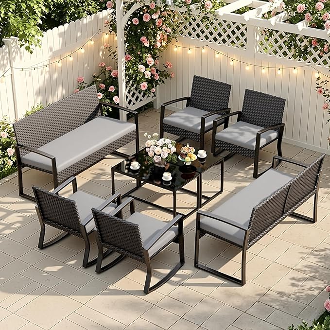 Ahomly 8 Piece Outdoor Patio Furniture Set, Outdoor Wicker Patio Furniture with Glass Coffee Table, Modern Rattan Rocking Chairs Conversation Set, for Porch, Garden, Lawn,Grey Cushion