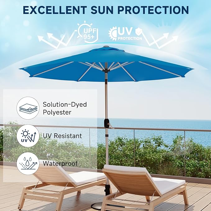 10FT Aluminum Outdoor Patio Umbrella, Fade-Resistant Market Umbrella with Push Button Tilt Function, 8 Sturdy All-Aluminum Ribs for Gardens, Patios, Backyards & Pools