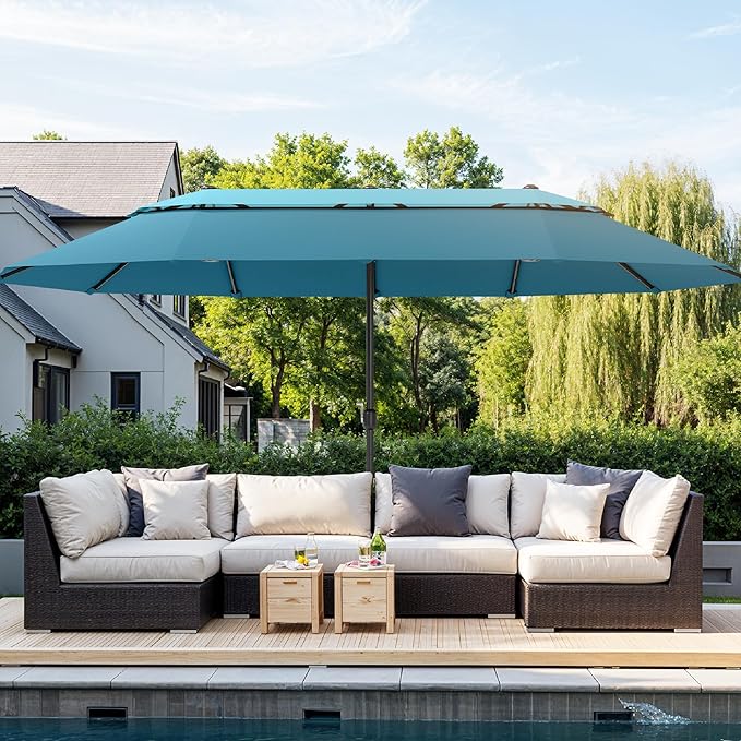 Sophia & William 15ft Extra Large Patio Umbrella with Base Included, 2-Tier Double-Sided Rectangle Outdoor Umbrella with Stand, Market Umbrella for Pool Garden Backyard, Blue & Cerulean