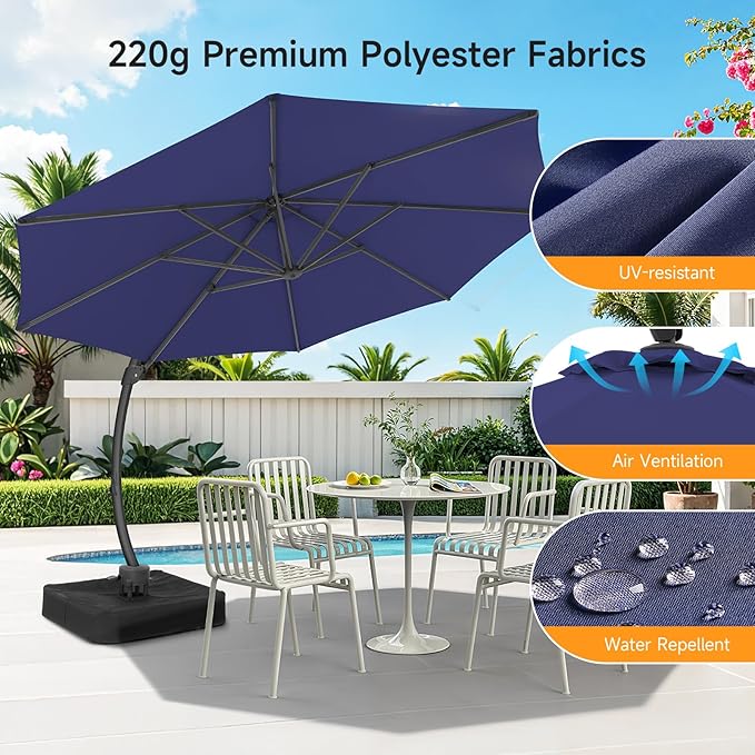 11 FT Outdoor Patio Umbrella with Base, Aluminium Curved Cantilever Umbrella, Large Round Hanging Offset Umbrella with Unlimited Position Adjustment and 360°Rotation for Market Garden Pool, Blue