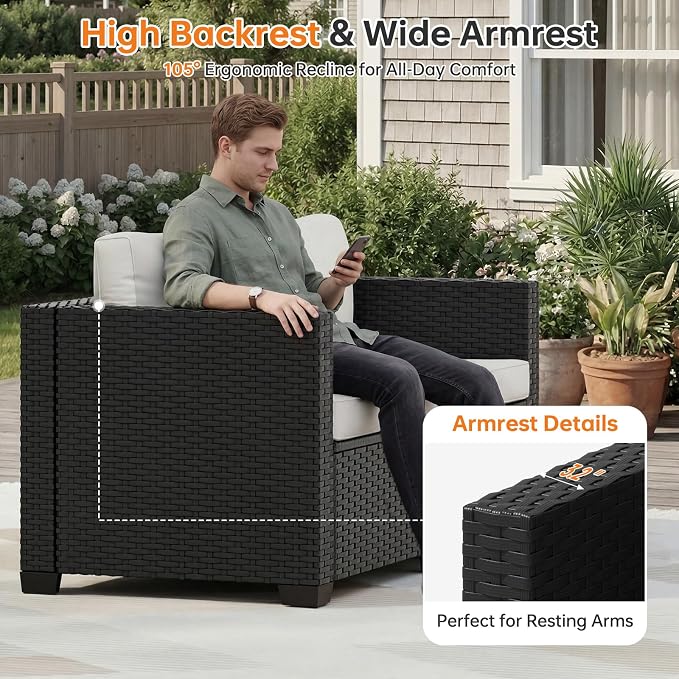 LazySunsets 1-Piece Outdoor Patio Furniture Set, Rattan Outdoor Sectional with Thick Waterproof Cushions, Wicker Ottomans & Waterproof Cover, Patio Conversation Set for Garden, Backyard, Beige