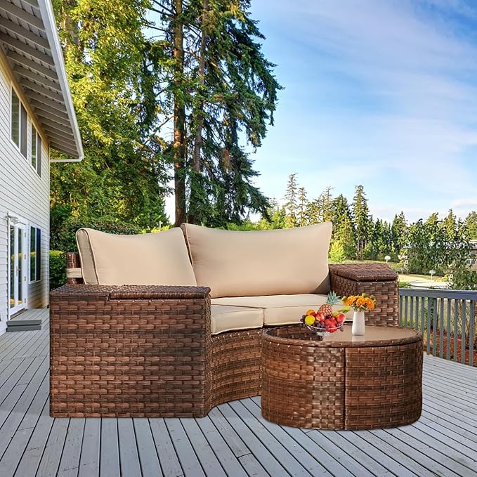 ECOTOUGE Outdoor Patio Furniture, 5 Piece Half-Moon Sectional Round Patio Set, Wicker Lazy Outdoor Sofa Set with Storage Side Table & Coffee Table for Pool Backyard Patio Garden(Beige/Brown)