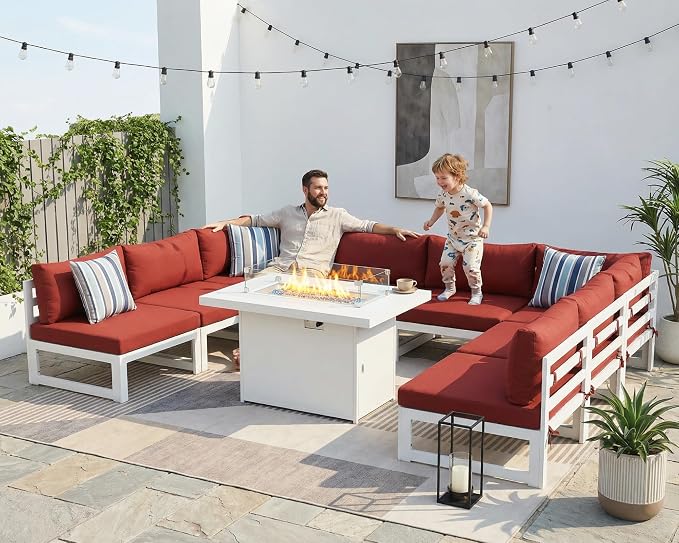 BULEXYARD 8 People Large Luxury Aluminum Patio Conversation Set with Fire Pit Table Propane/Gas, 29" Deep Wide U Shaped Sectional Couch, 500 lbs Heavy Duty All Weather Outdoor Sofa for Front Yard, Red