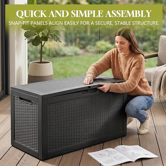 Waterproof Outdoor Storage Box Outside Deck Box Lockable Resin Bench UV Resistant Furniture Cushion Pool Tool Float Bin Patio Garden Porch (Black, 120 Gallon)