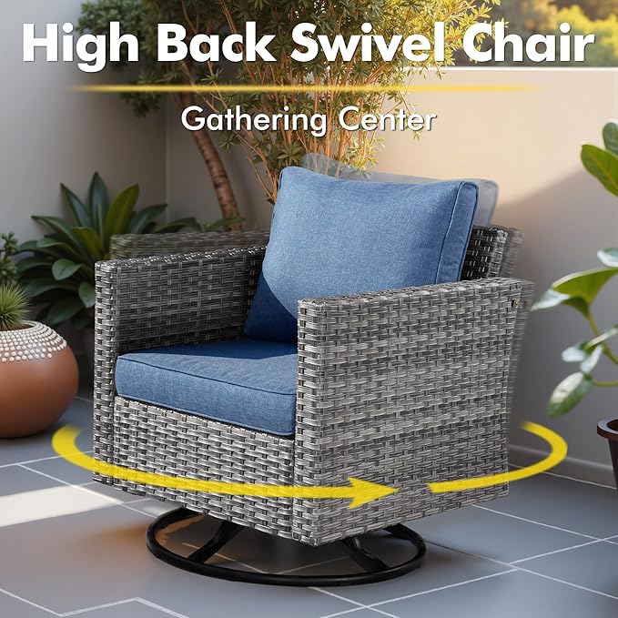 11 Piece Outdoor Patio Furniture Set with 53" Fire Pit Table, Wicker Sectional Conversation Set Whit Swivel Chairs,Modern Outside Sofa for Balcony Backyard(Blue)