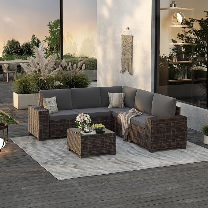 Soohow 6-Piece Patio Furniture Set All-Weather Outdoor Wicker Sectional Conversation Set with Cushion and Glass Table for Garden, Porch, Backyard, Grey Cushions