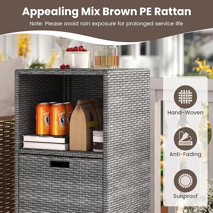 Tangkula Rattan Outdoor Storage Cabinet, Patiojoy Outdoor Wicker Cabinet with 3 Shelves, 1 Removable Drawer, Patio Storage Deck Box for Backyard Poolside Porch
