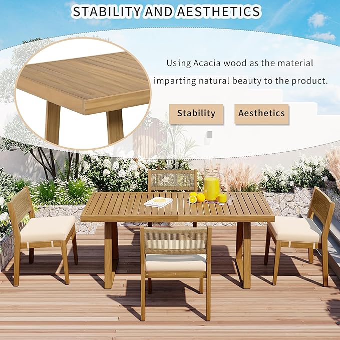 Harper & Bright Designs Multi-Person Outdoor Acacia Wood Dining Table and Chair Set, Thick Cushions, Suitable for Balcony, Vourtyard, and Garden.