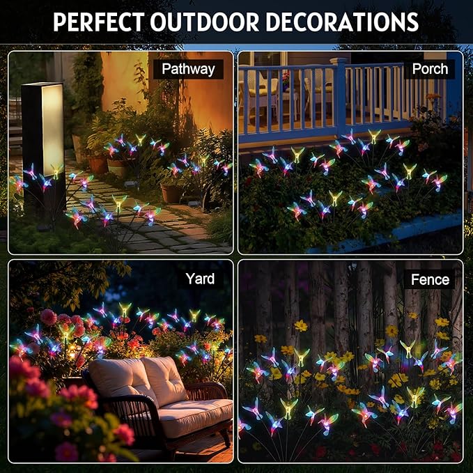 4 Pack Solar Hummingbird Lights Outdoor Garden, 6 Head Solar Swaying Pathway Stake Lights Waterproof for Yard Lawn Patio Walkway Landscape Decor