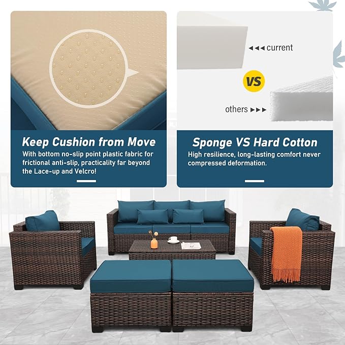 Wicker Patio Furniture Set 6 Pieces Outdoor Furniture Chairs and Couch Storage Table Anti-Slip Cushions and Waterproof Covers, Peacock Blue