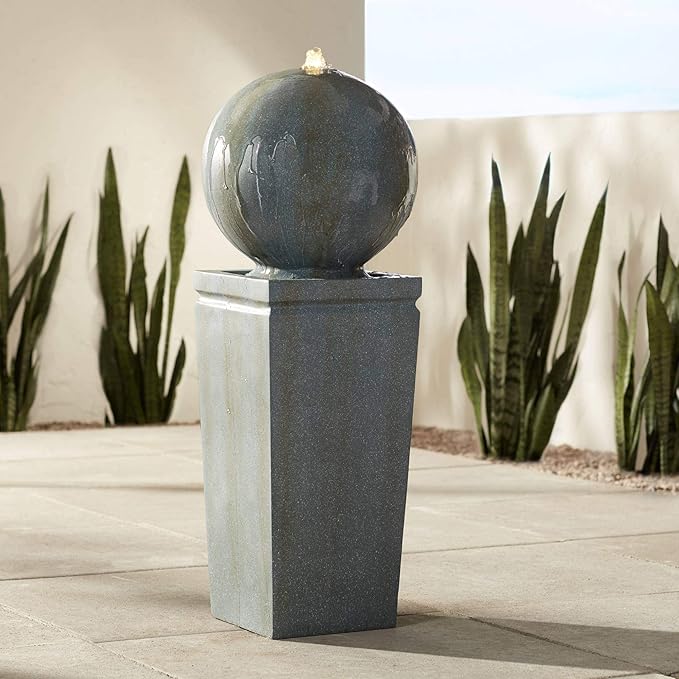 Ball and Pillar 34 1/4" High Large Modern Indoor Outdoor Decor Faux Stone Floor Fountain with Light LED Standing Bubbler Sphere Water Feature for Outside Garden Patio Yard Backyard - John Timberland