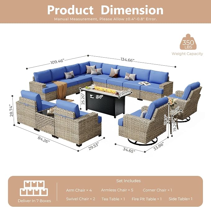 HOOOWOOO Sectional Patio Furniture Set with Fire Pit Table,15 Pieces Wicker Outdoor Furniture L Shaped Couch,Outside Conversation Set Extra Deep Seat Sofa Wide Arm Swivel Chairs Solar Light,Navy Blue