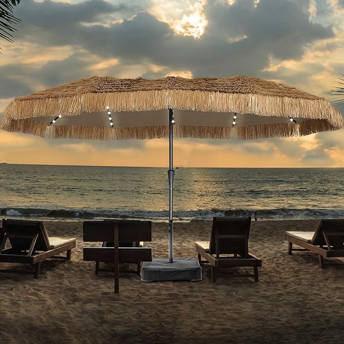 15 ft Patio Tiki Umbrella with 48 LED Lights, Large Rectangle Outdoor Solar Umbrella with Matching Base for Market, Beach, Garden, Yard