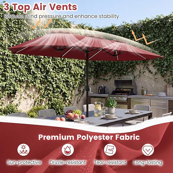 Tangkula 13 Ft Solar Patio Umbrella, Double-Sided Extra Large Outdoor Market Table Umbrella with Multi-Colored Flowing LED Lights, Crank Handle, 12 Sturdy Ribs for Poolside, Garden & Backyard (Wine)