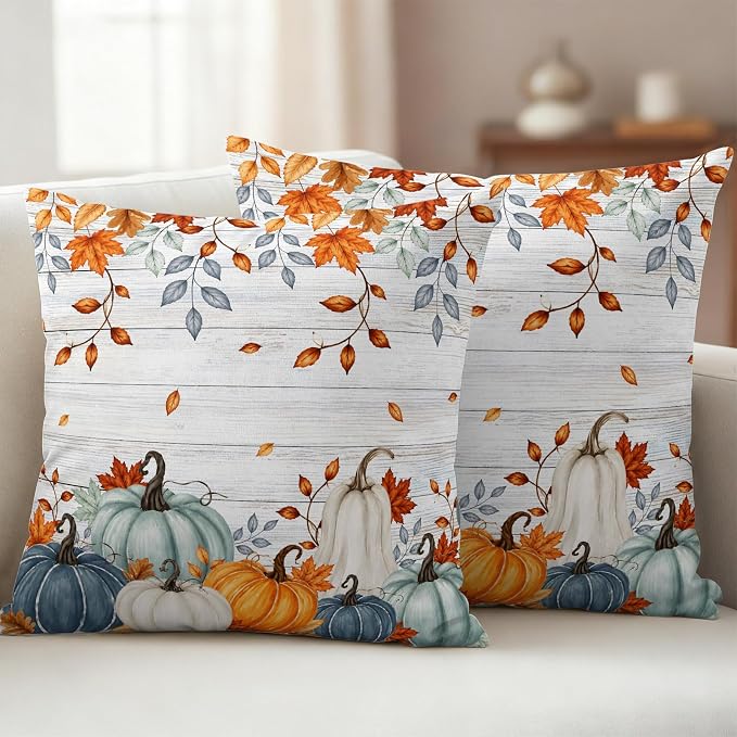 Fall Waterproof Outdoor Pillow Covers 18''x18'' Set of 2, Thanksgiving Maple Leaf Branch Vintage Wooden Patio Cushion Covers for Chairs,Decorative Blue Green Pumpkin Pillow Cases for Garden/Pool/Beach