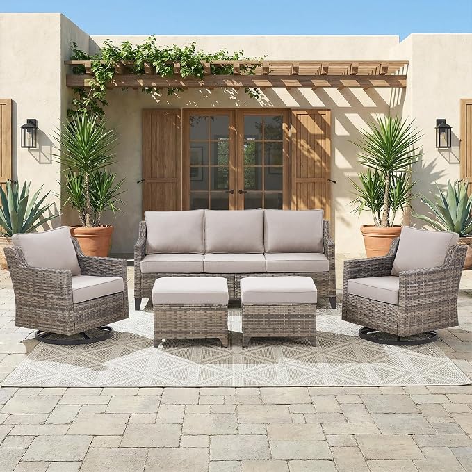 Belord Patio Wicker Swivel Rocker Patio Chairs with 3-Seater Sofa, Outdoor Rattan Chairs for Deck Porch Garden, 5 Piece Patio Conversation Furniture Set,Beige