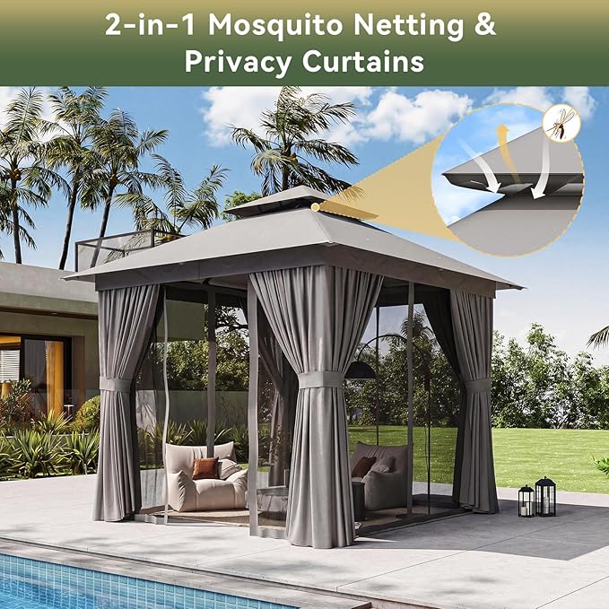 8'x8' Gazebo, Outdoor Gazebo Metal Frame Canopy with Double Roofs, Heavy Duty Patio Tent Shelter with Mosquito Netting and Privacy Screen for Backyard, Grey