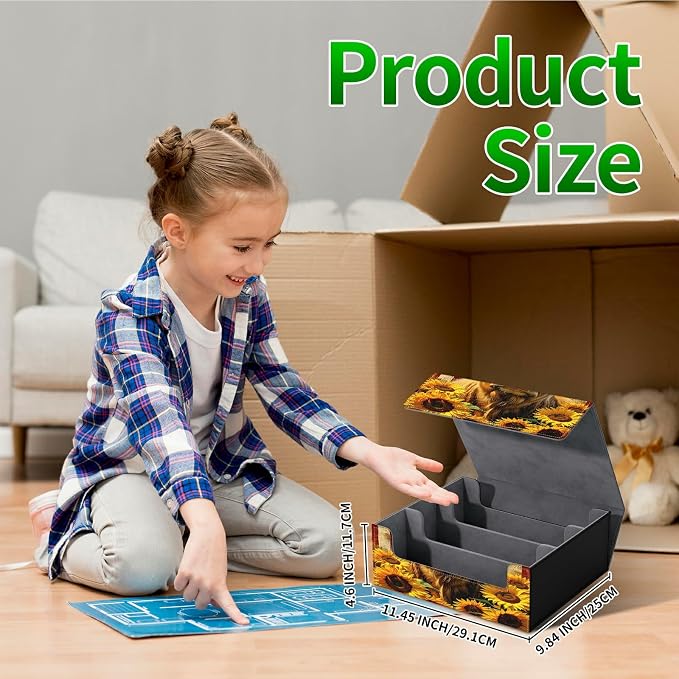 Large Card Deck Box for MTG, Fits 1200+ Sleeved Cards, PU Leather Storage Case with Strong Magnetic Closure, Multiple Colors for TCG CCG Baseball Card Collections, Yellow Cow Sunflower