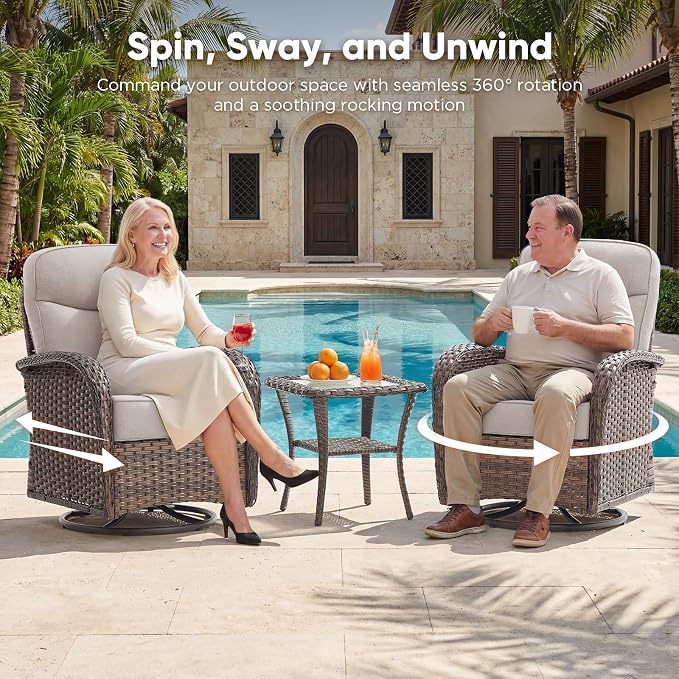 HUMMUH 4PCS Outdoor Swivel Rocker Patio Chairs with Ottomans,Luxury 6-inch Thick Cushion,High Back Patio Furniture Set,Wicker Conversation Set for Deck Yard and Poolside