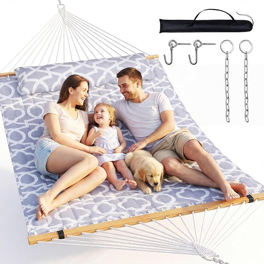 Everyfun Double Hammock with Spreader Bar - 2 Person Patio Hammock, 500 lbs Capacity, Soft Pillow & Carry Bag, Flat Wide Bed, Portable Quilted Hammock for Outdoor Camping Backyard Garden,White Gray