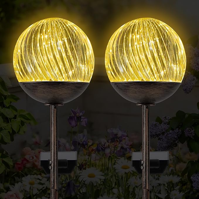 Solar Globe Stake Lights - Twinkle Effect Outdoor Acrylic Ball Garden Lights with 20 LED, IP44 Waterproof,Metal H-Shaped Ground Spike for Yard, Pathway, Patio Decor (Bronze Stake, 2 Pack)