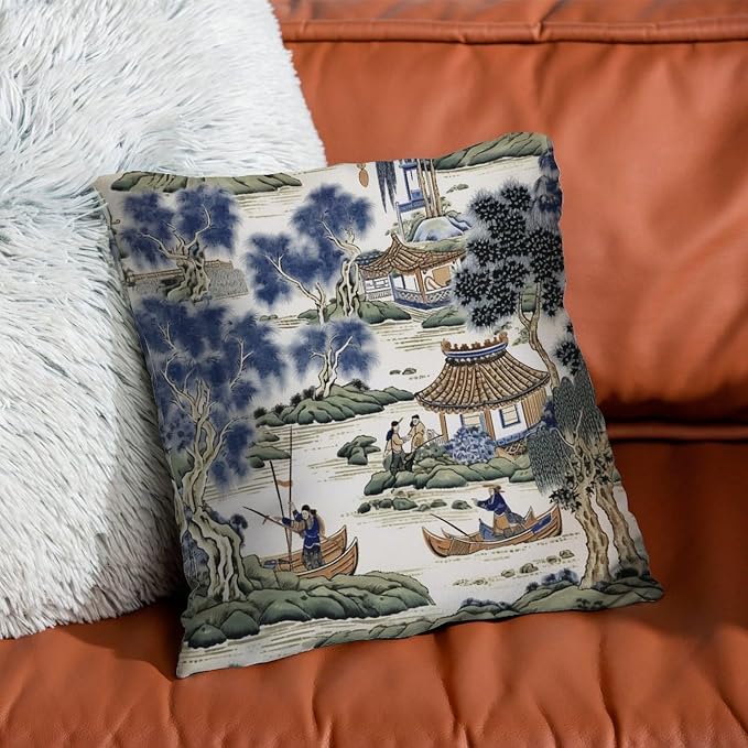 Asian Scenic Cushion Cases Blue and Green Chinoiserie Throw Pillow Cover Modern Throw Pillow Covers Farmhouse Decorative for Patio Furniture Tent Garden 16x16 in