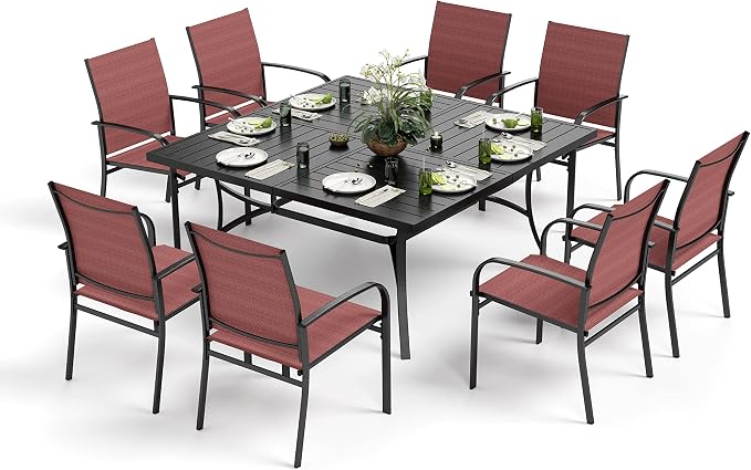 MIXPATIO 9 Pieces Patio Table and Chairs Set, Patio Dining Set for 8, 8 Red Textilene Chairs and 1 Large Square Patio Dining Table with Umbrella Hole, for Deck Backyard Lawn Poolside