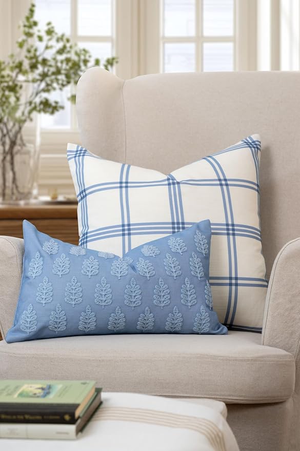 California Casual Coastal Indoor Outdoor Lumbar Pillow Cover, 12"x20" Water Repellent for Patio, Backyard, Couch, Poolside, Light Blue Embroidered Leaves