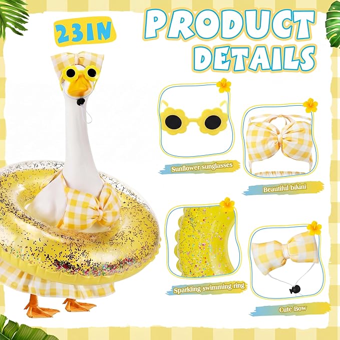 Bikini Porch Goose Outfits with Sunglasses and Swimming Tube for 23" Summer Goose Costume Garden Patio Statue Decor(Yellow Plaid)