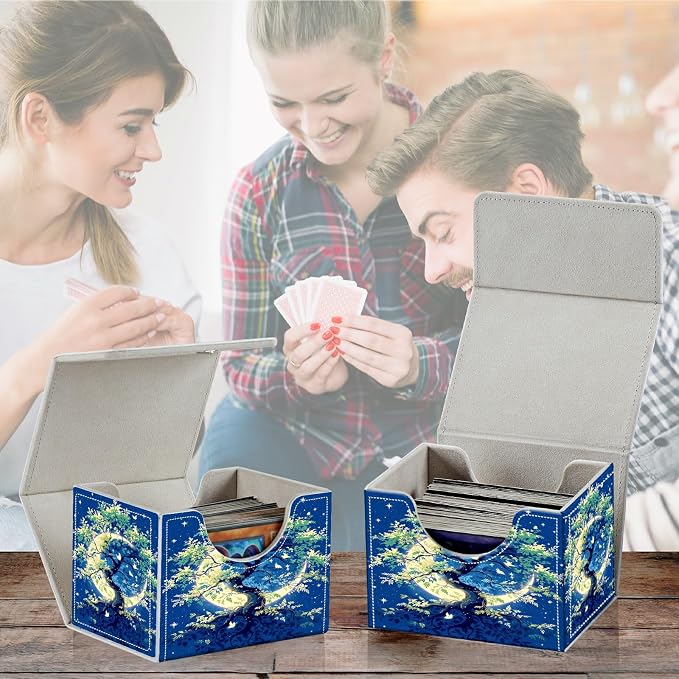 Card Deck Box for MTG, Cards Storage Box Fits 120+ Sleeved, Leather Small Size Strong Magnetic Closing Card Case for Board Games Magic TCG CCG Baseball Collection, Moon Green Tree