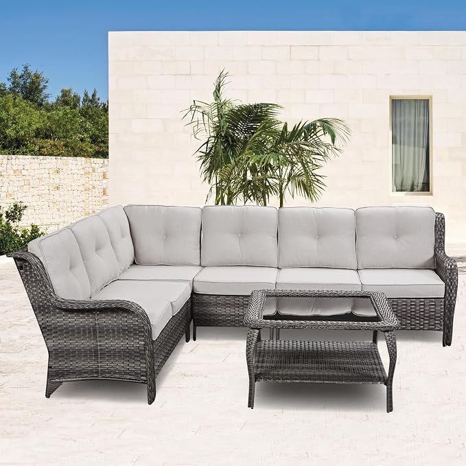 Patio Table Outdoor Coffee Tables - Rattan Wicker Coffee Table with Glass Top and 2-Tier Storage Shelf Square for Outdoor Patio Porch Deck Balcony Garden(Mixed Grey/Glass Top)