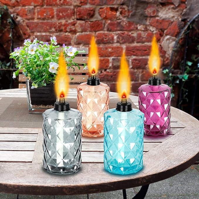 Nonley Glass Table Top Torches, 4 Pack Citronella Torches for Outside, 12oz Flame Light Torch,Refillable, Wick and Cap Included, Landscape Lanterns Torches for Garden Yard Patio Party Décor