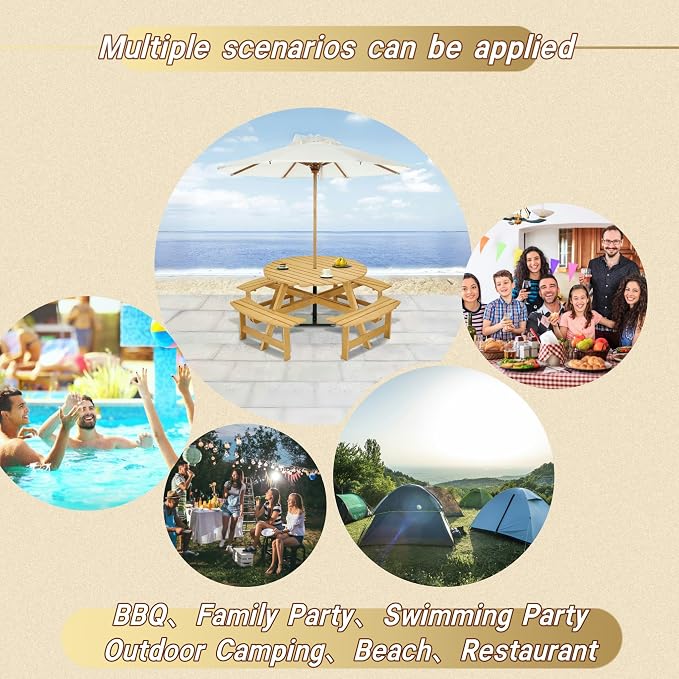 8 Person Outdoor Dining Table, Round Picnic Table with 4 Built-in Benches and Umbrella Hole, Outside Garden Backyard Table and Bench Set, 500lbs Capacity Per Bench (Natural)